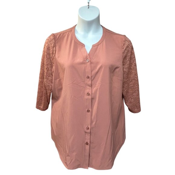D&Co Womens Size Large Button Front Shirt Knit Lace 3/4 Sleeves Rose Pink Top - Picture 5 of 9